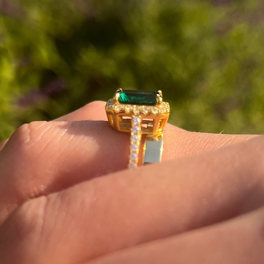 2 Pcs Green Emerald Cut Halo Design Bridal Sets In Golden Tone Shine of Diamond
