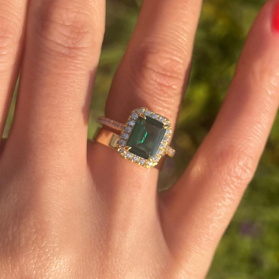 2 Pcs Green Emerald Cut Halo Design Bridal Sets In Golden Tone Shine of Diamond