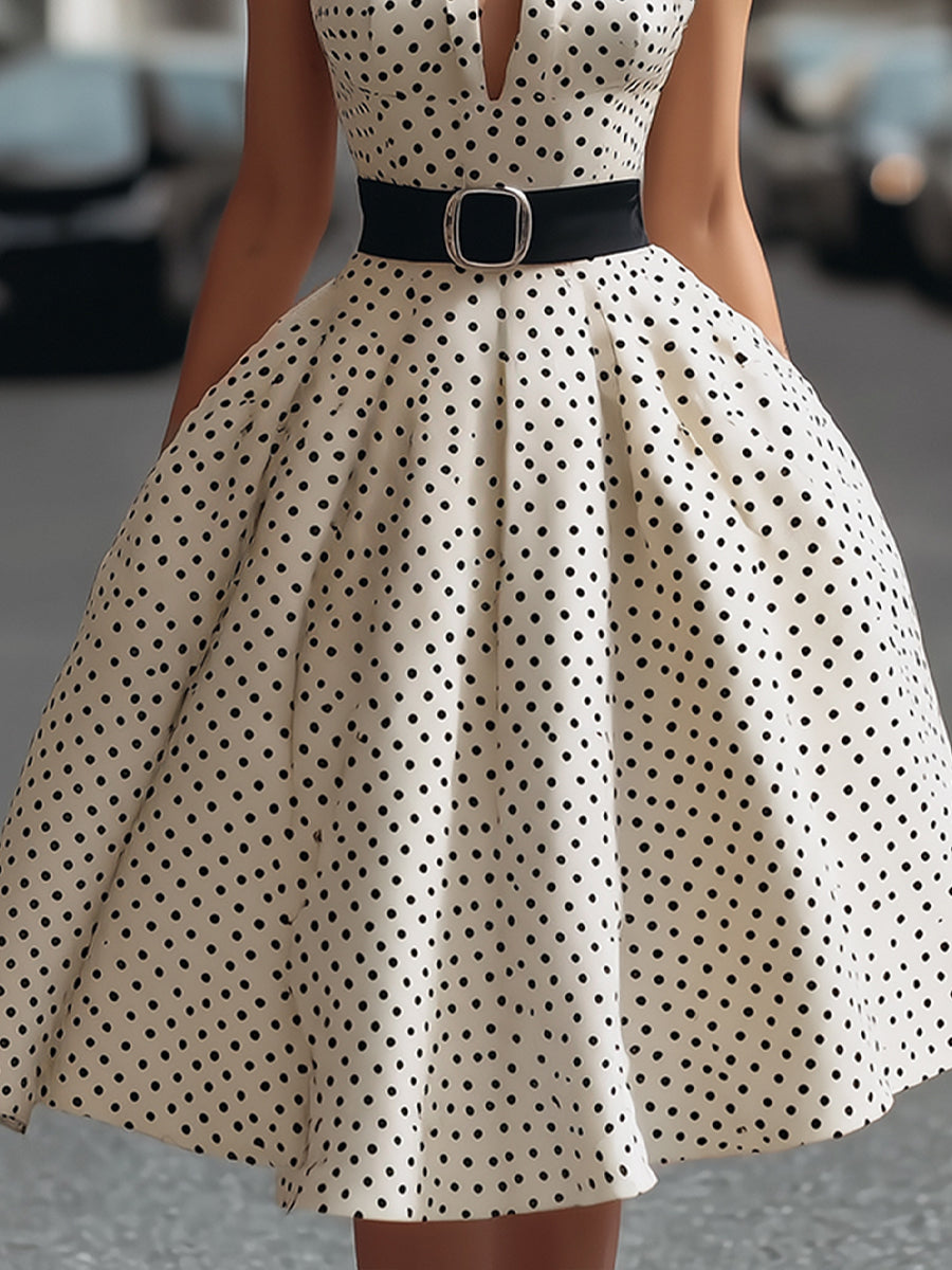 Vintage Polka Dot Halter A-Line Midi Dress With Contrast Collar HWT