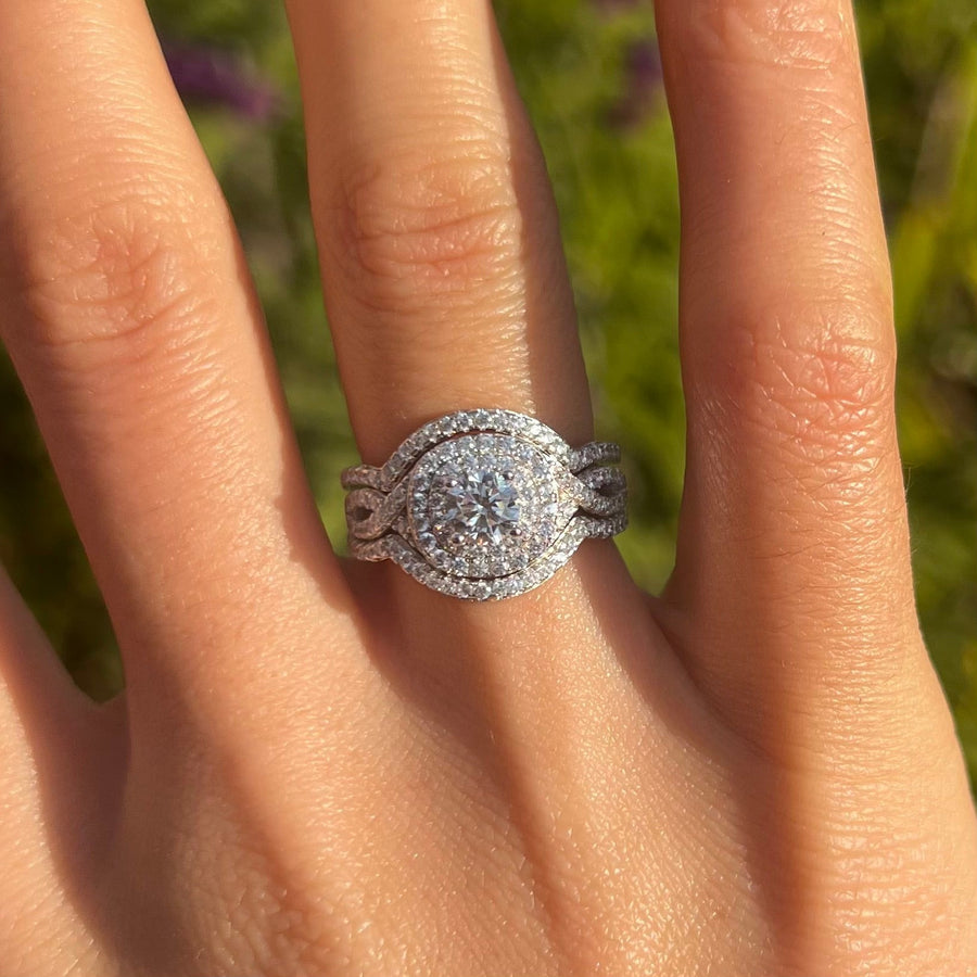 Gorgeous 3 Pcs Round Cut Halo Sterling Silver Bridal Set Shine of Diamond