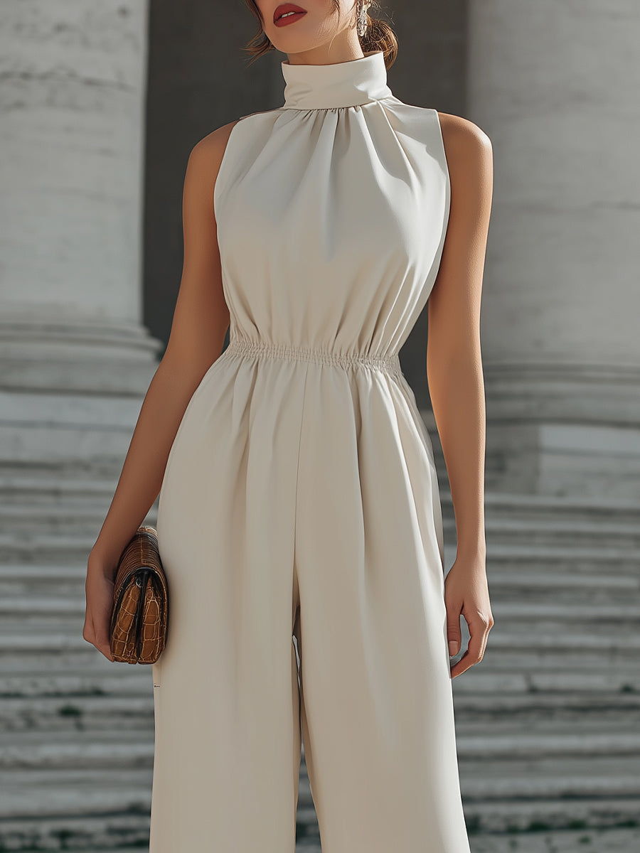 High-Neck Gathered Waist Wide-Leg Jumpsuit XYS