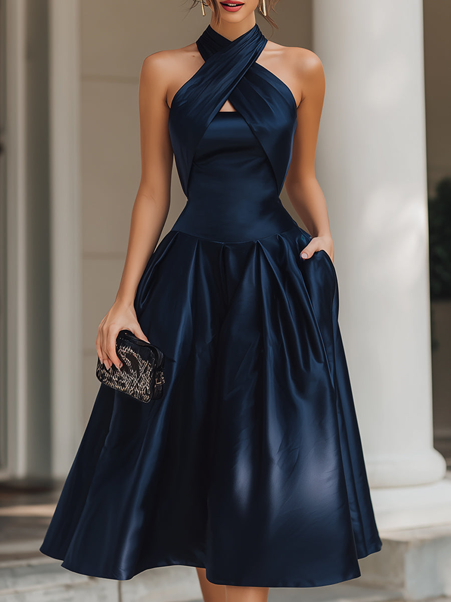 Cross-Halter Pleated Midi Dress XYS