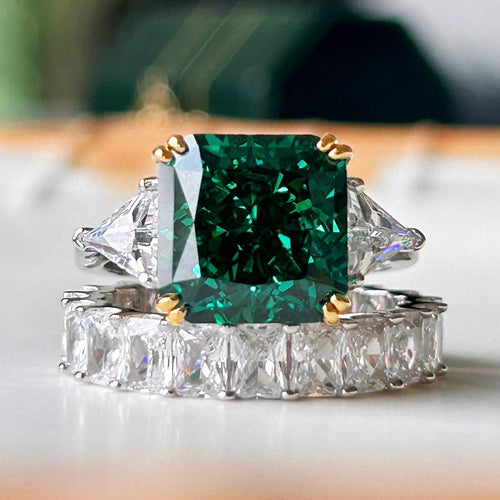 2 Pcs Gorgeous Emerald Green Radiant Cut Sterling Silver Bridal Set For Women Carly Jewelry
