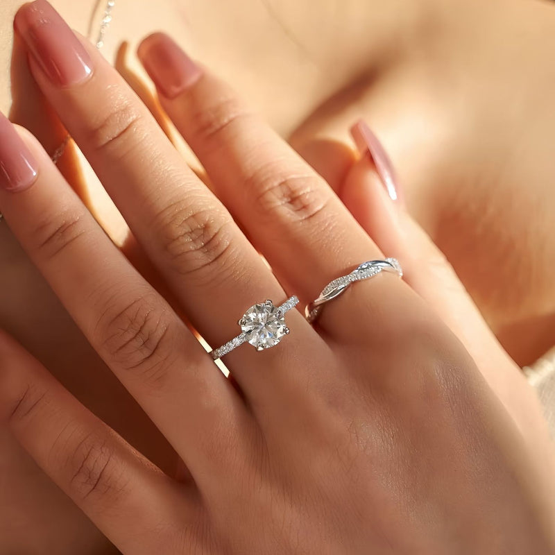 Classic 4 Prong Round Cut Sterling Silver Engagement Ring with Band Shine of Diamond