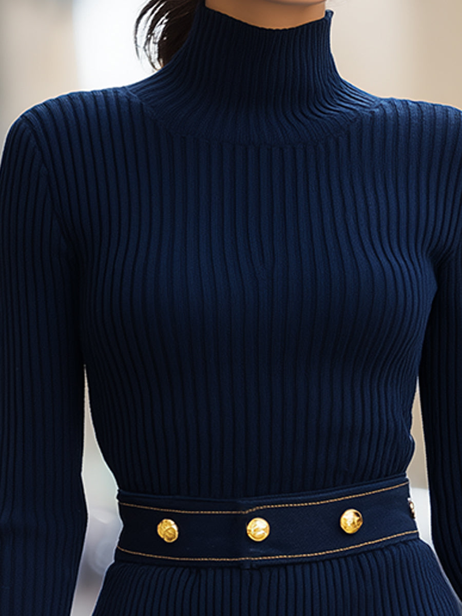 Navy Ribbed Knit Dress With Gold-Tone Button Denim Pocket Details WJJ