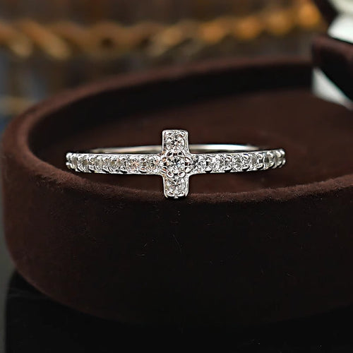 Simple Cross Design Sterling Silver Band Shine of Diamond