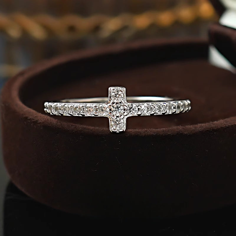 Simple Cross Design Sterling Silver Wedding Band Shine of Diamond