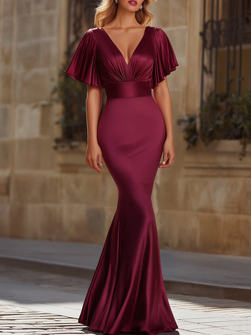 Satin Flutter Sleeve Mermaid Evening Dress MLZ