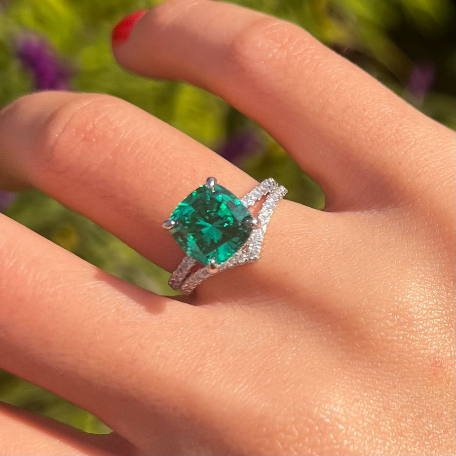 Vintage 2 Pcs Green Cushion Cut Hidden Halo Bridal Sets In Sterling Silver Shine of Diamond