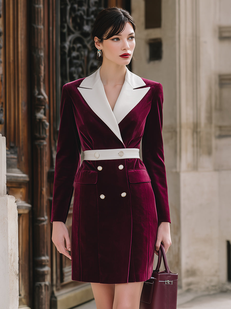 Burgundy Velvet Contrast-Lapel Double-Breasted Blazer Dress ZJ