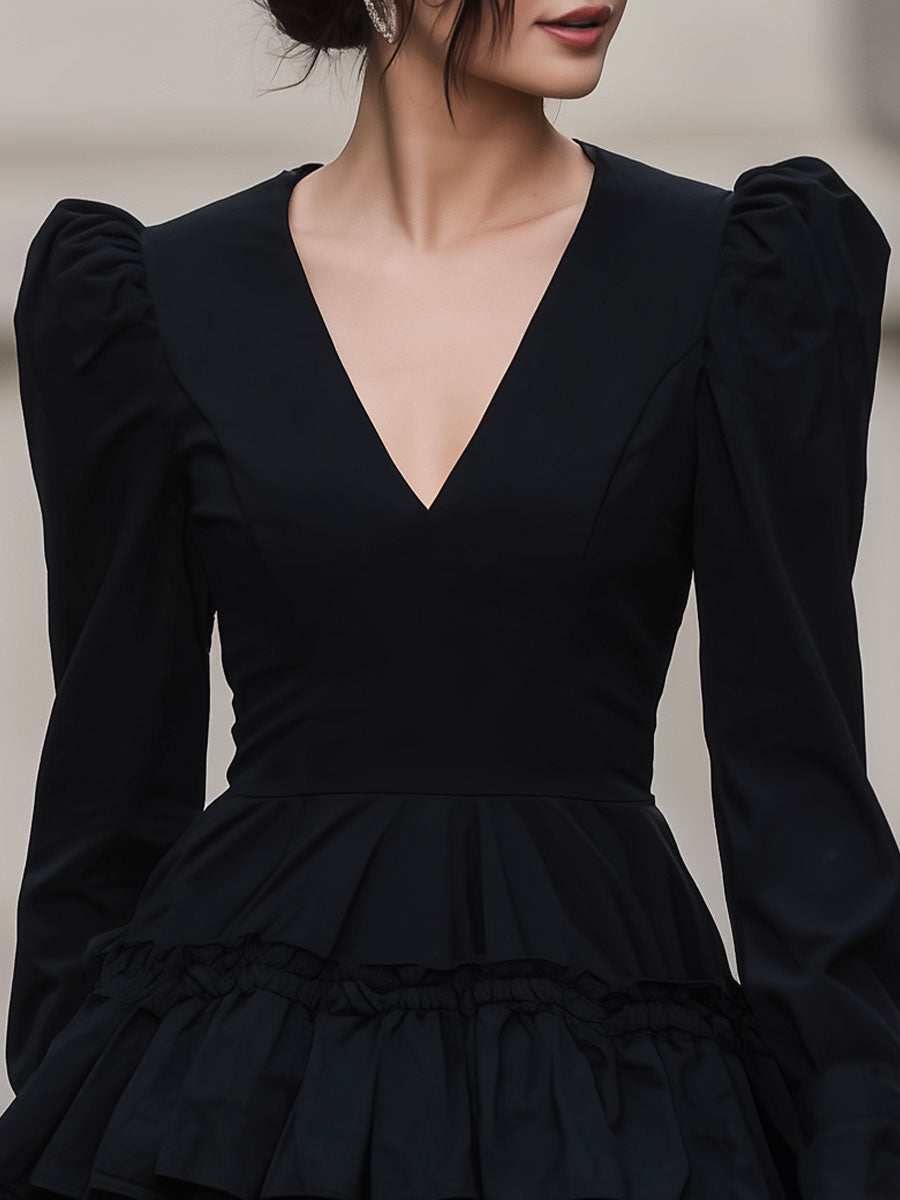 CAAYWORLD Dramatic Black Puff-Sleeve Tiered Mini Dress SN
