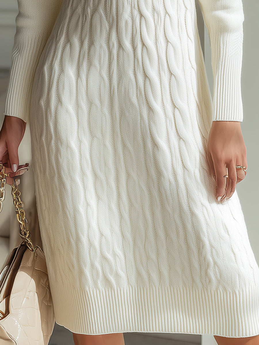 Elegant Zip-Front Knitted Sweater Dress In Ivory ZJ