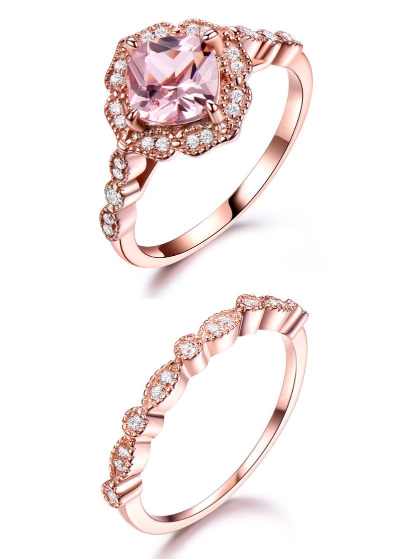 Vintage Pink Morganite Rose Gold Tone Ring Set Carly Jewelry