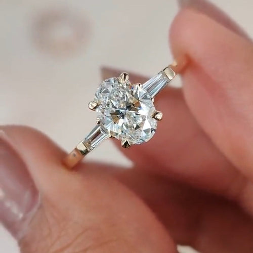 Three Stone Oval Cut with Side Tapered Baguette Cut  Engagement Ring Shineofdiamond