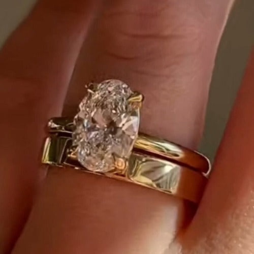 2PCS Golden Tone Oval Cut Plain Band Bridal Set shineofdiamond