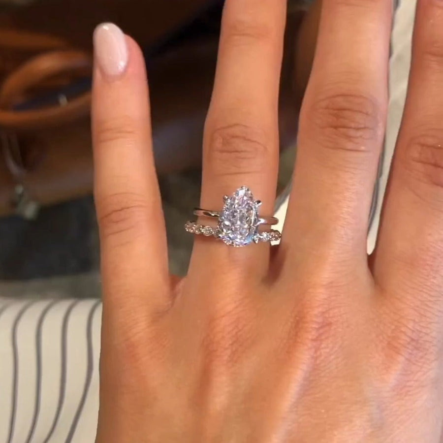 2Pcs Solitaire Pear Cut Bridal Set Rings In Sterling Silver Shineofdiamond