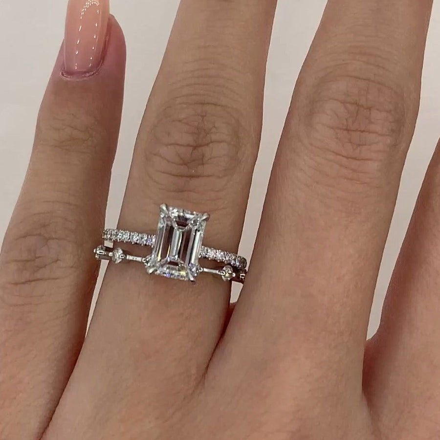2PCS Emerald Cut Bridal Set Rings In Sterling Silver shineofdiamond