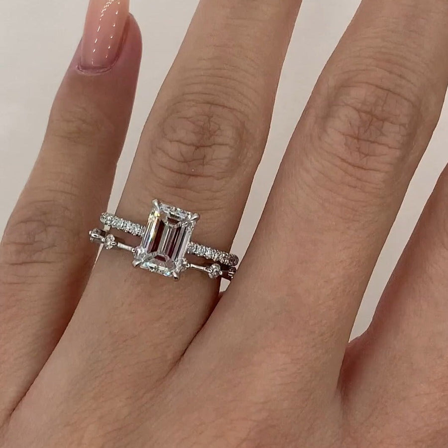 2PCS Emerald Cut Bridal Set Rings In Sterling Silver shineofdiamond