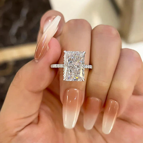 Sale | Radiant Cut Classic 4 Prong Half Eternity Sterling Silver Engagement Ring Shineofidamond
