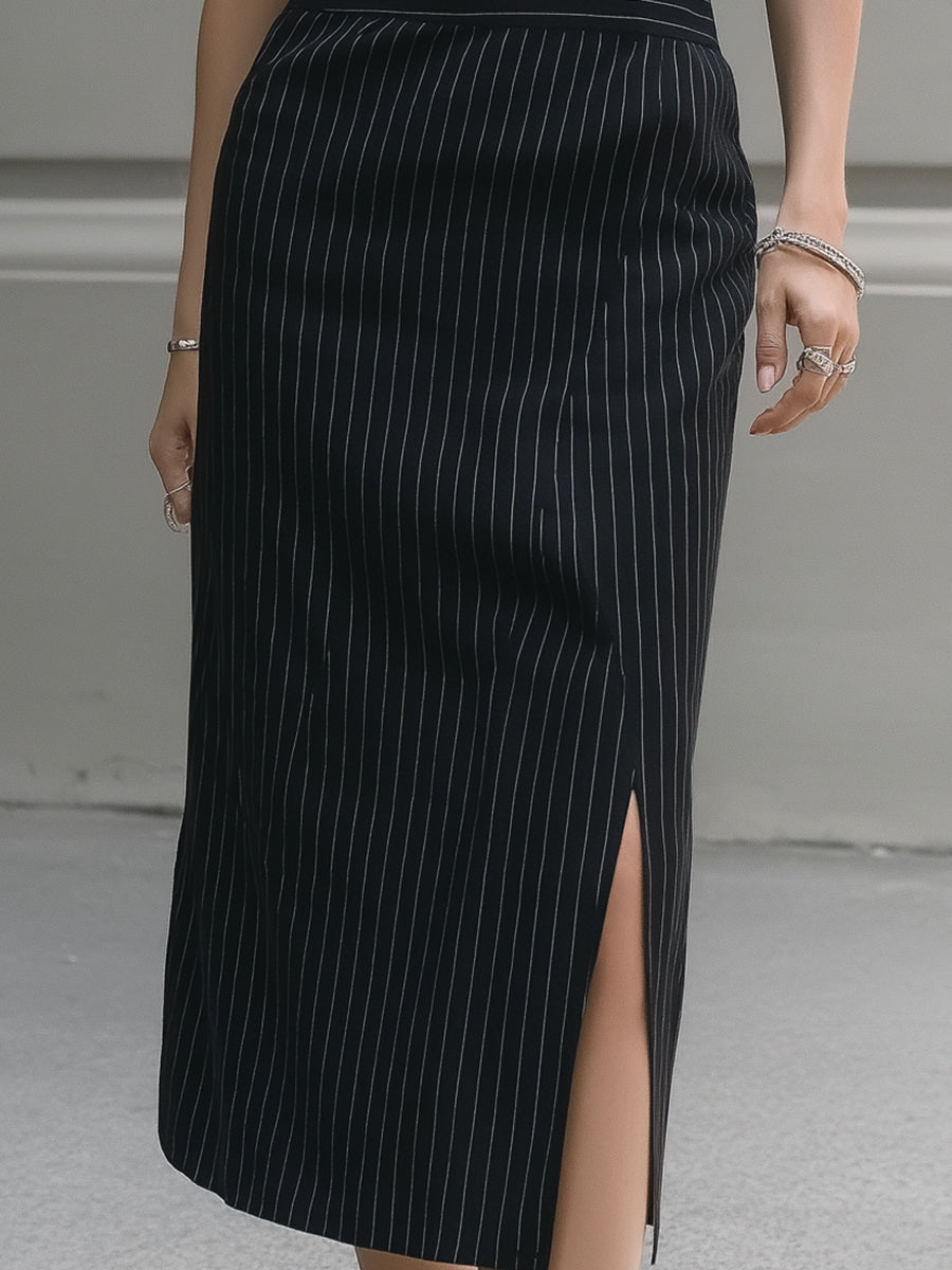 Sleeveless Pinstripe Midi Dress With Tailored Lapel Collar ZJ