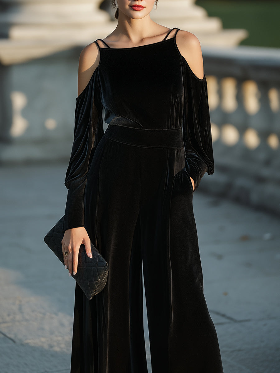Cold-Shoulder Velvet Wide-Leg Jumpsuit XYS