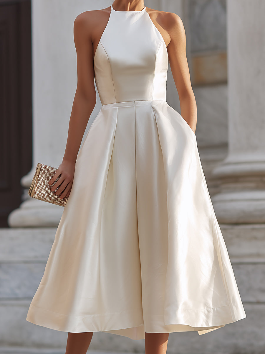 Halter-Neck Pleated Midi Dress XYS
