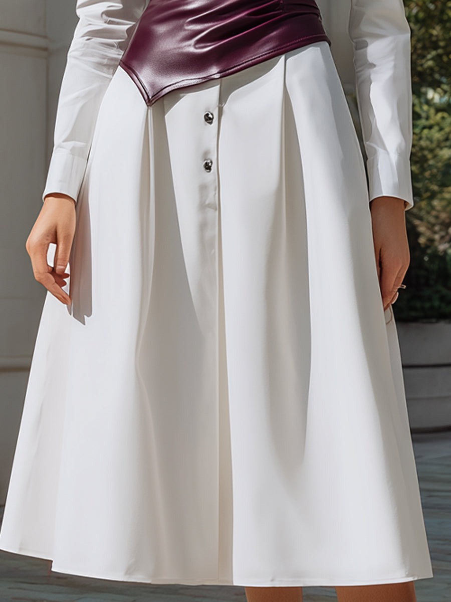 White Shirt Dress With Wine-Red Sculpted Leather Corset Two-Piece Set ZJ