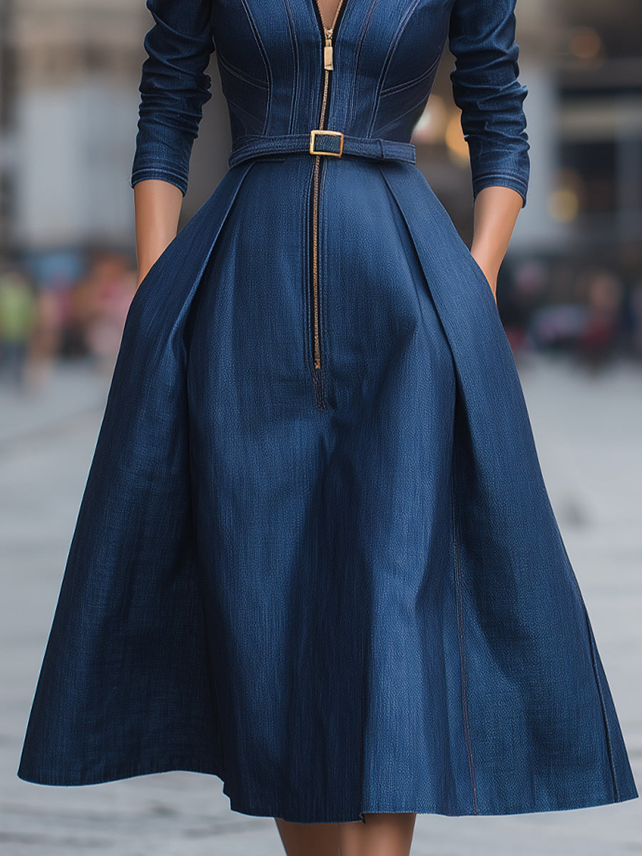 Elegant Zippered Belted Denim Midi Dress HWT