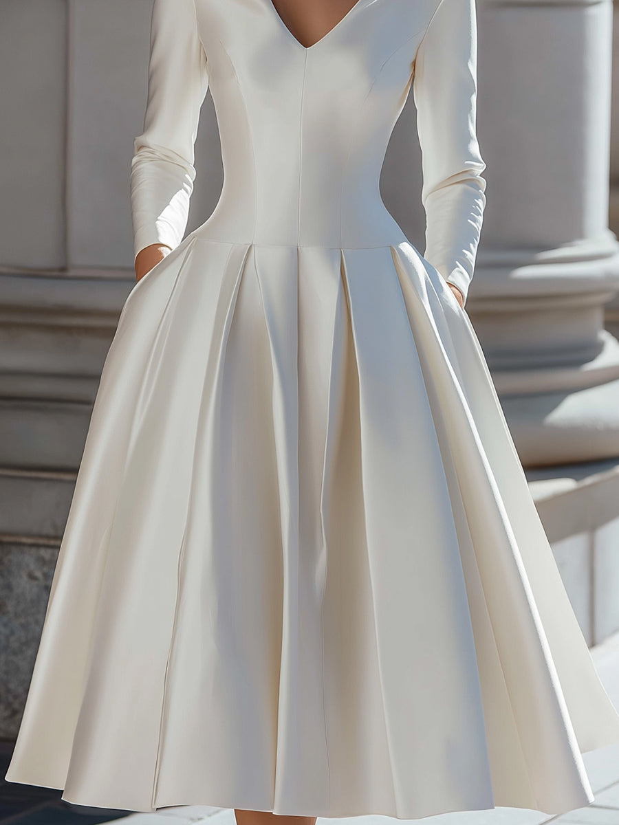 Elegant Satin V-Neck Pleated A-Line Midi Dress MLZ