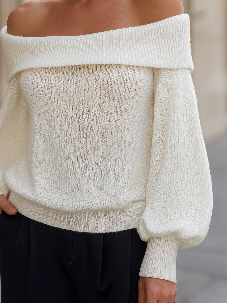 Off-Shoulder Knit Sweater With Folded Collar MLZ