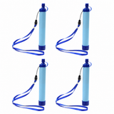 Four identical Aquor portable water filter straws, each with a blue lanyard and black quick-release buckle