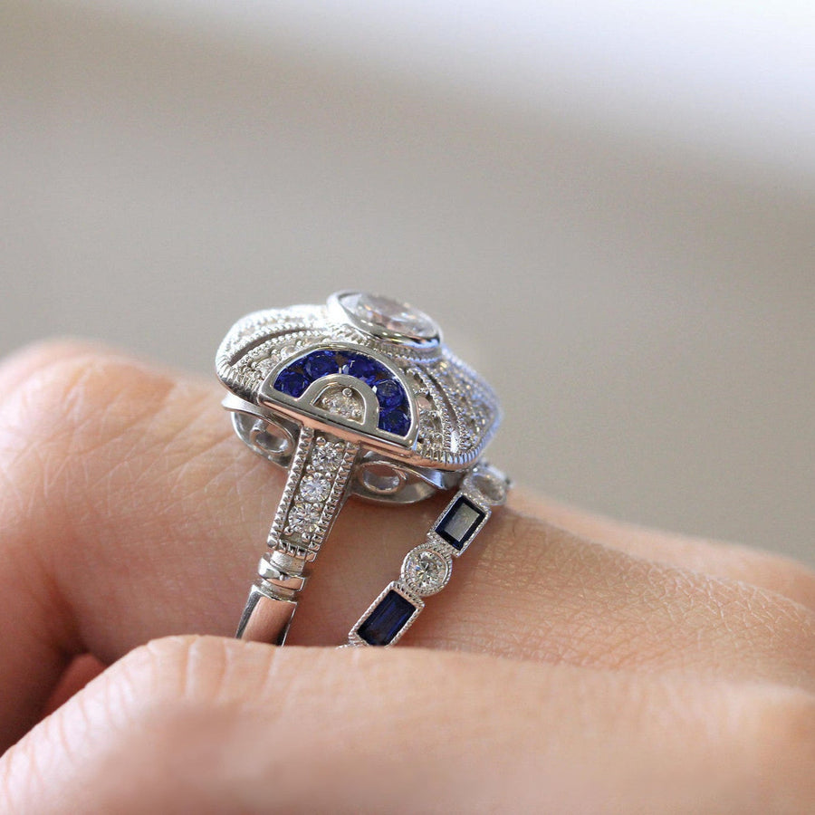 2PCS Art Deco-Inspired Geometric Statement Ring with Blue and White Stones Shineofdiamond