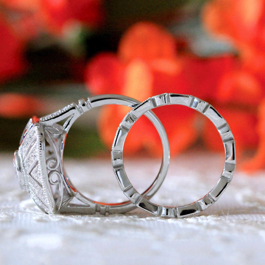 2PCS Art Deco-Inspired Geometric Statement Ring with Blue and White Stones Shineofdiamond