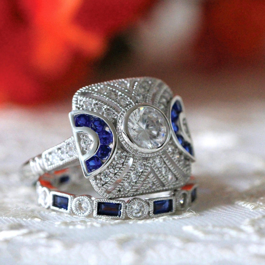 2PCS Art Deco-Inspired Geometric Statement Ring with Blue and White Stones Shineofdiamond