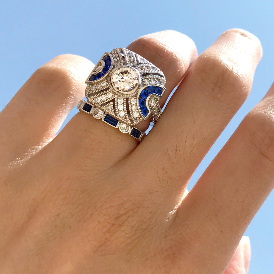 2PCS Art Deco-Inspired Geometric Statement Ring with Blue and White Stones Shineofdiamond