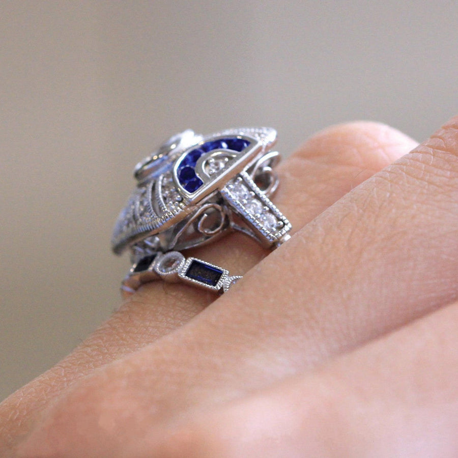 2PCS Art Deco-Inspired Geometric Statement Ring with Blue and White Stones Shineofdiamond