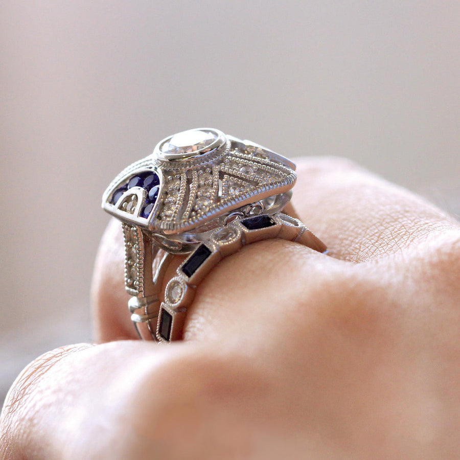 2PCS Art Deco-Inspired Geometric Statement Ring with Blue and White Stones Shineofdiamond