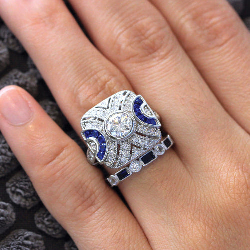 2PCS Art Deco-Inspired Geometric Statement Ring with Blue and White Stones Shineofdiamond