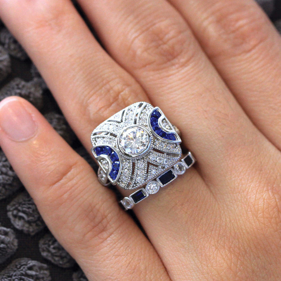 2PCS Art Deco-Inspired Geometric Statement Ring with Blue and White Stones Shineofdiamond