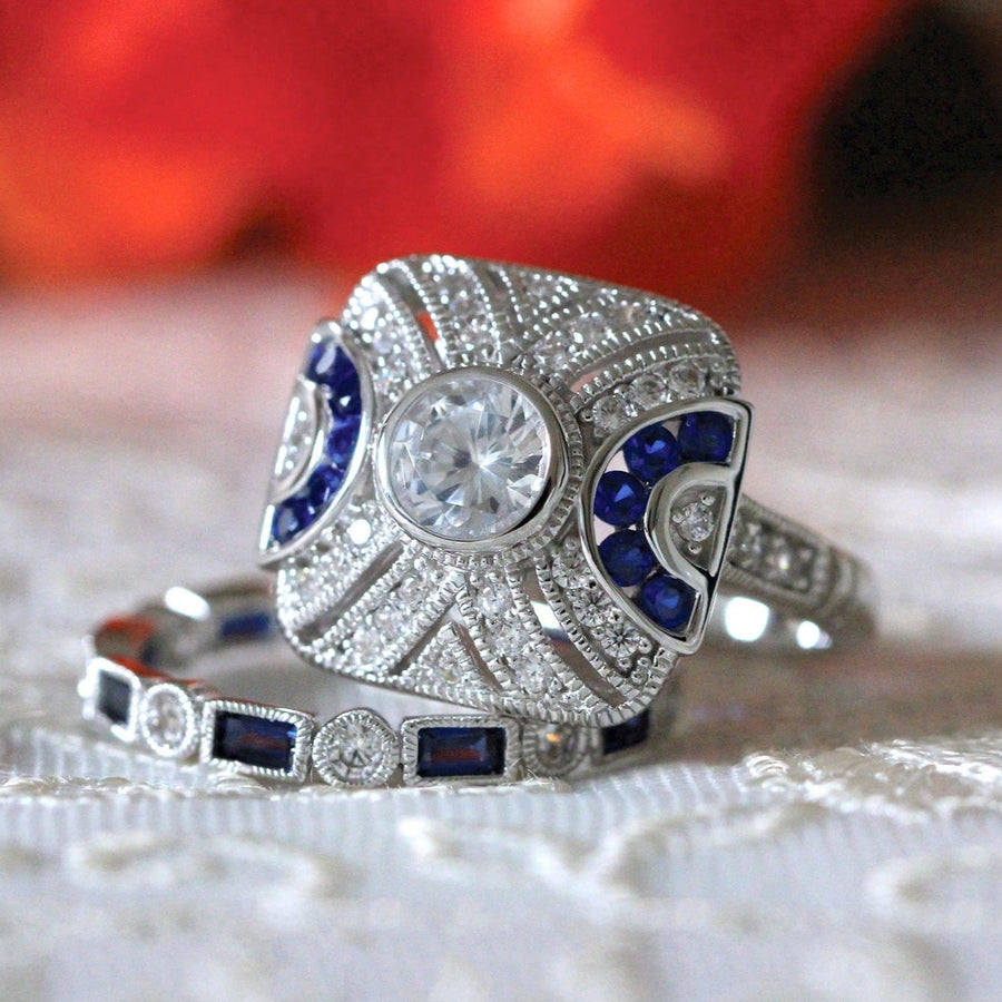 2PCS Art Deco-Inspired Geometric Statement Ring with Blue and White Stones Shineofdiamond