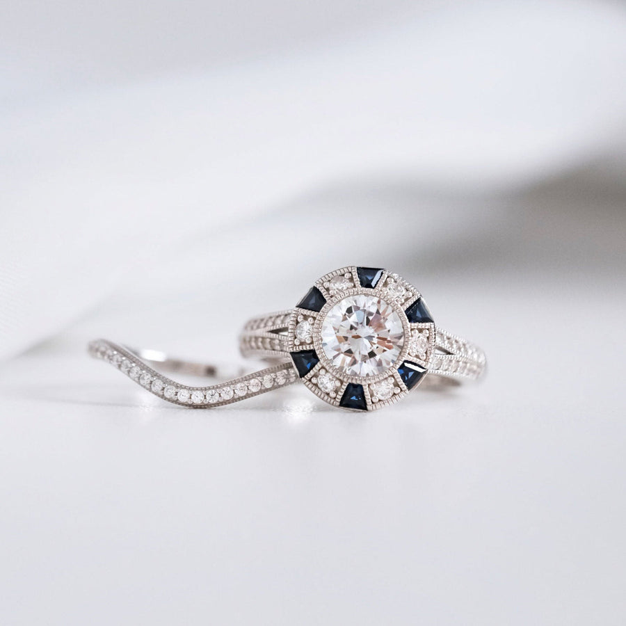 2PCS Art Deco Halo Split Shank Bridal Set in Sterling Silver Shineofdiamond