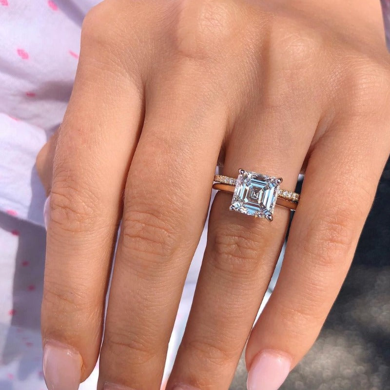 2PCS Golden Tone Hidden Halo Asscher Cut Bridal Set Rings Shineofdiamond