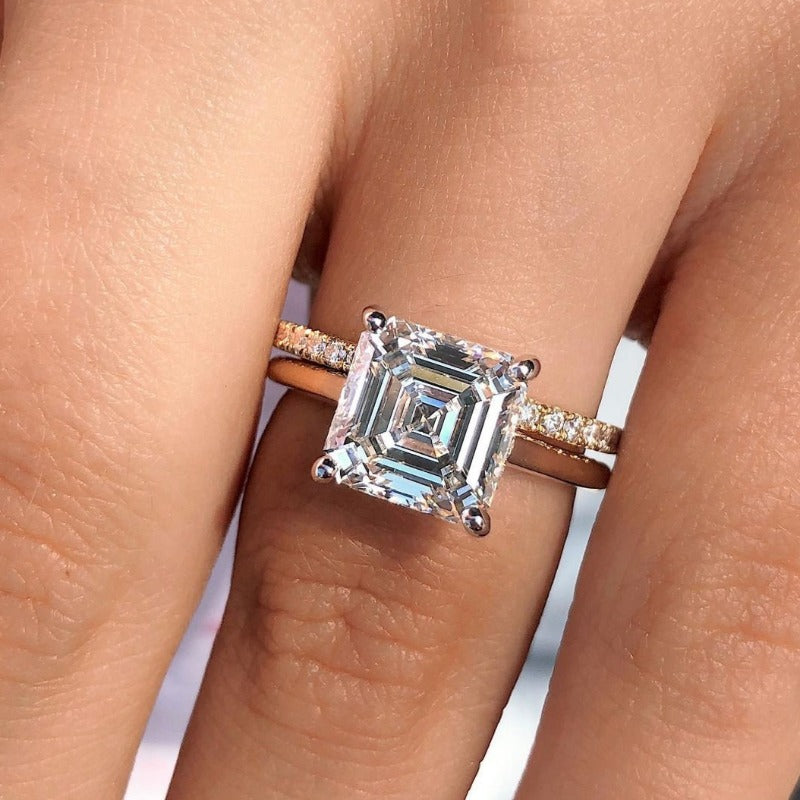 2PCS Golden Tone Hidden Halo Asscher Cut Bridal Set Rings Shineofdiamond