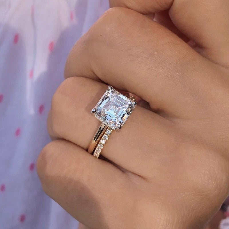 2PCS Golden Tone Hidden Halo Asscher Cut Bridal Set Rings Shineofdiamond