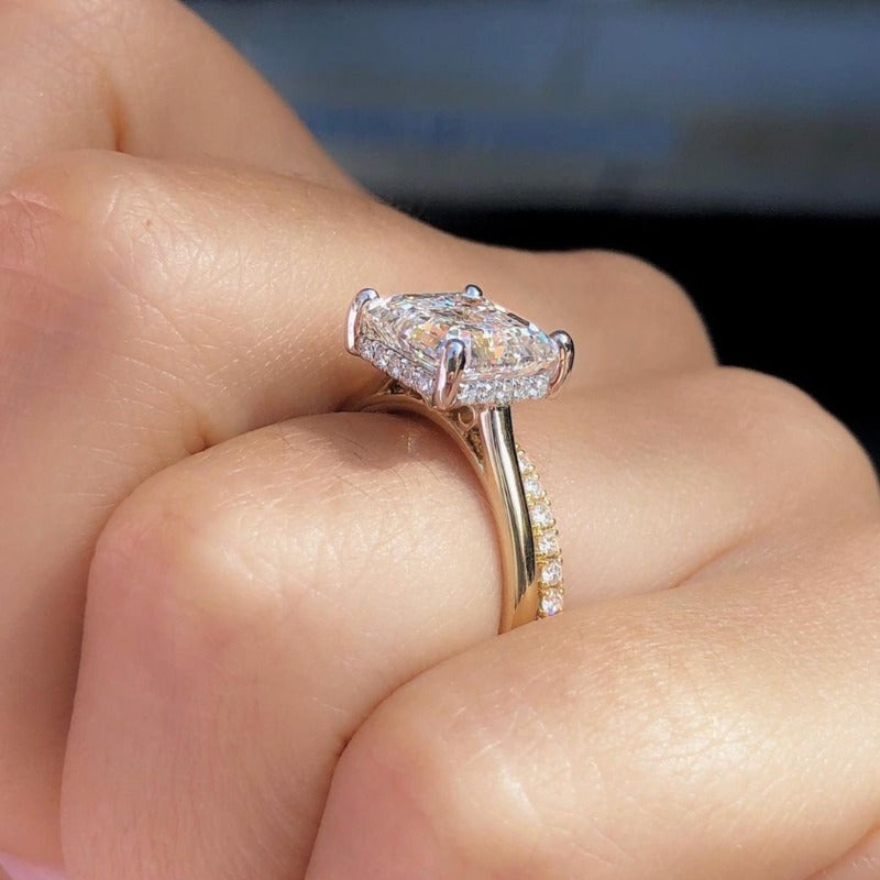 2PCS Golden Tone Hidden Halo Asscher Cut Bridal Set Rings Shineofdiamond