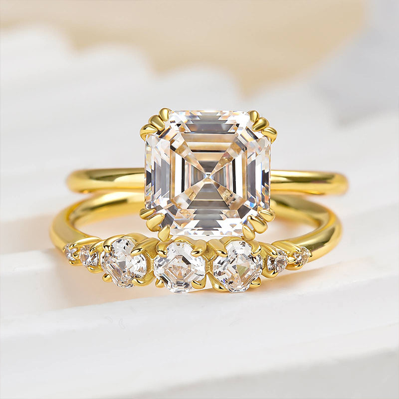 2pcs Golden Tone Asscher Cut Bridal Set Shineofdiamond