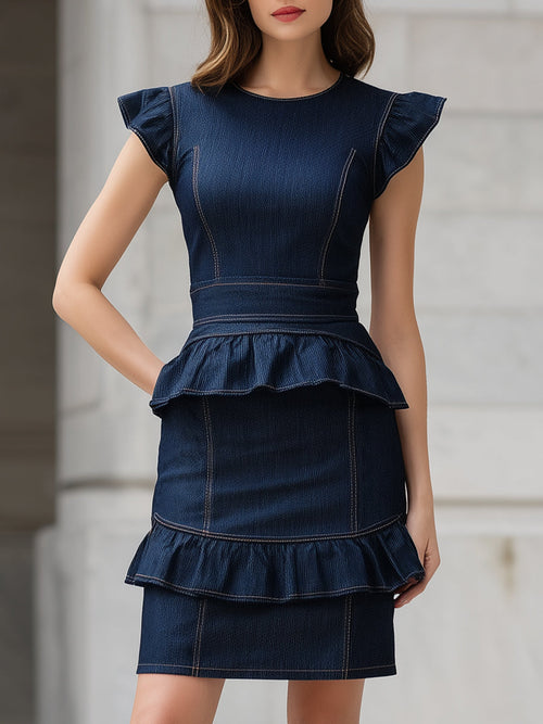 Structured Denim Ruffle Peplum Dress ZJ