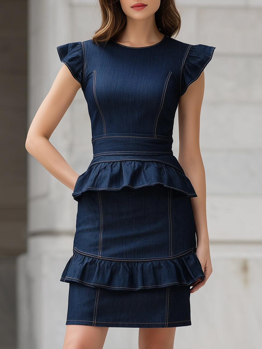 Structured Denim Ruffle Peplum Dress ZJ