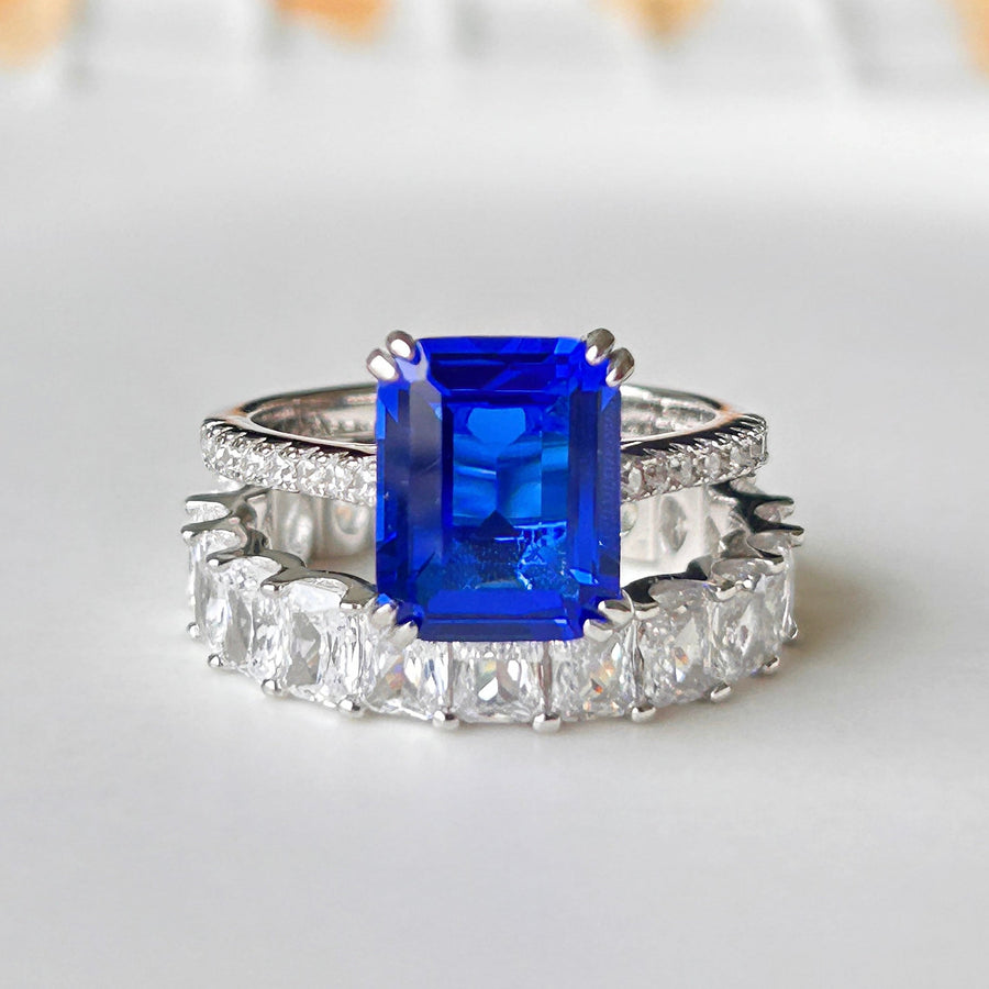 2 Pcs Blue Emerald Cut Bridal Set In Sterling Silver Carly Jewelry