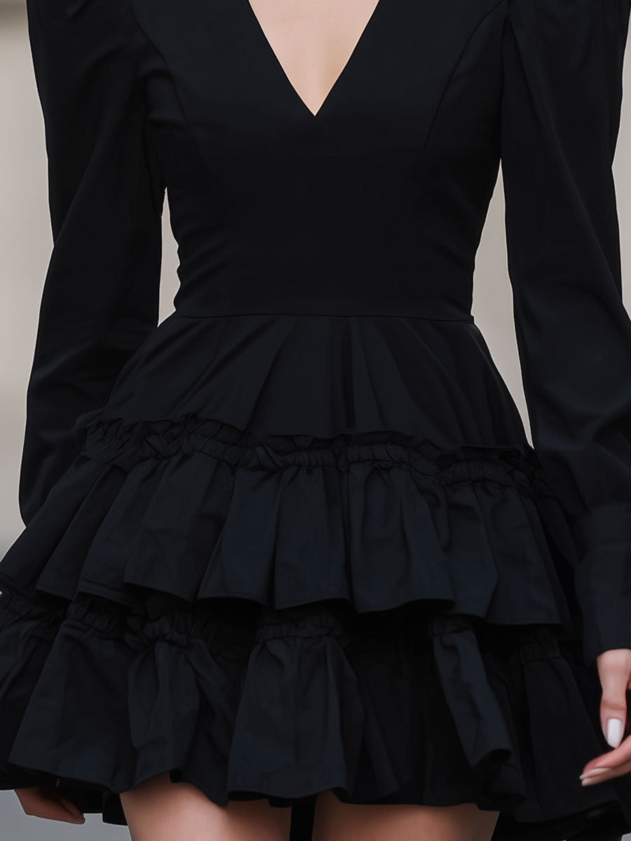CAAYWORLD Dramatic Black Puff-Sleeve Tiered Mini Dress SN